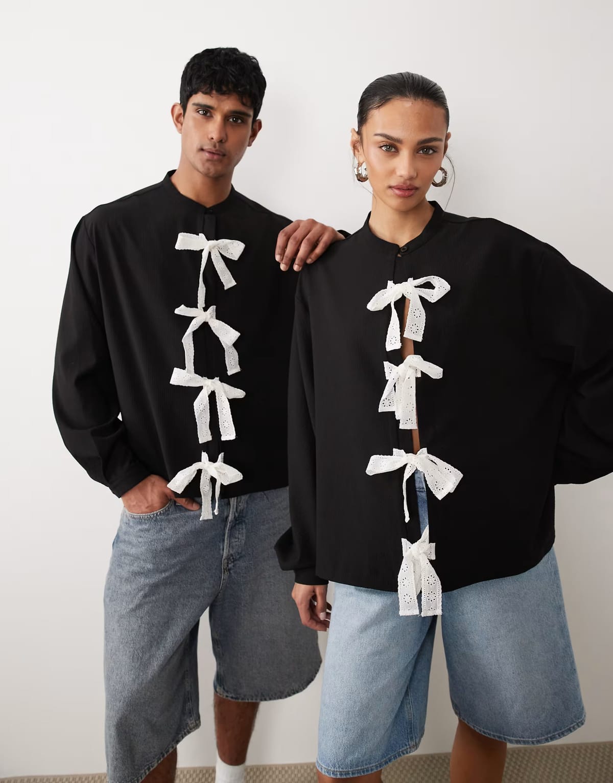 ASOS Sister Jane Unisex bow detail long sleeve shirt in black - 1