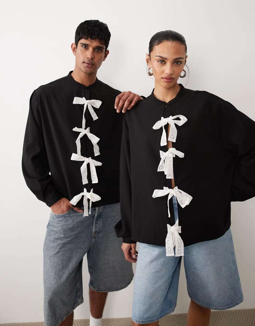 ASOS Sister Jane Unisex bow detail long sleeve shirt in black - 1