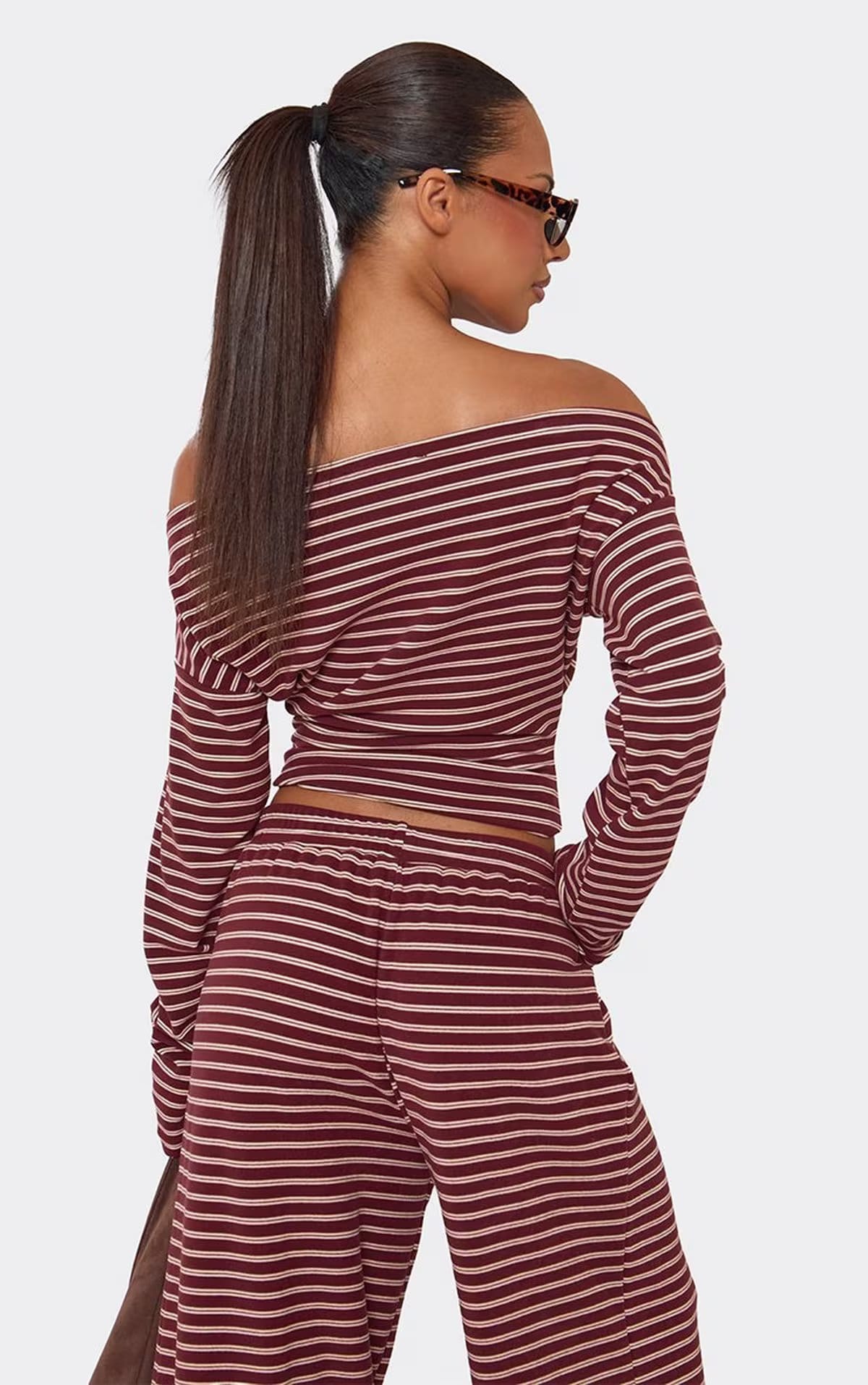Off The Shoulder Long Sleeve Top In Burgundy Soft Stripe, Women's Size UK 6