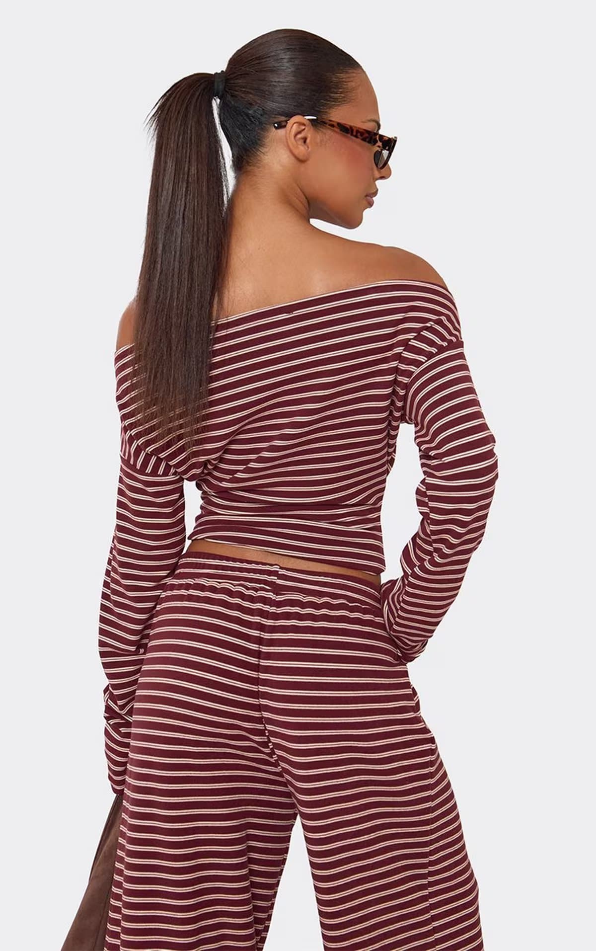 EGO Off The Shoulder Long Sleeve Top In Burgundy Soft Stripe, Women's Size UK 6