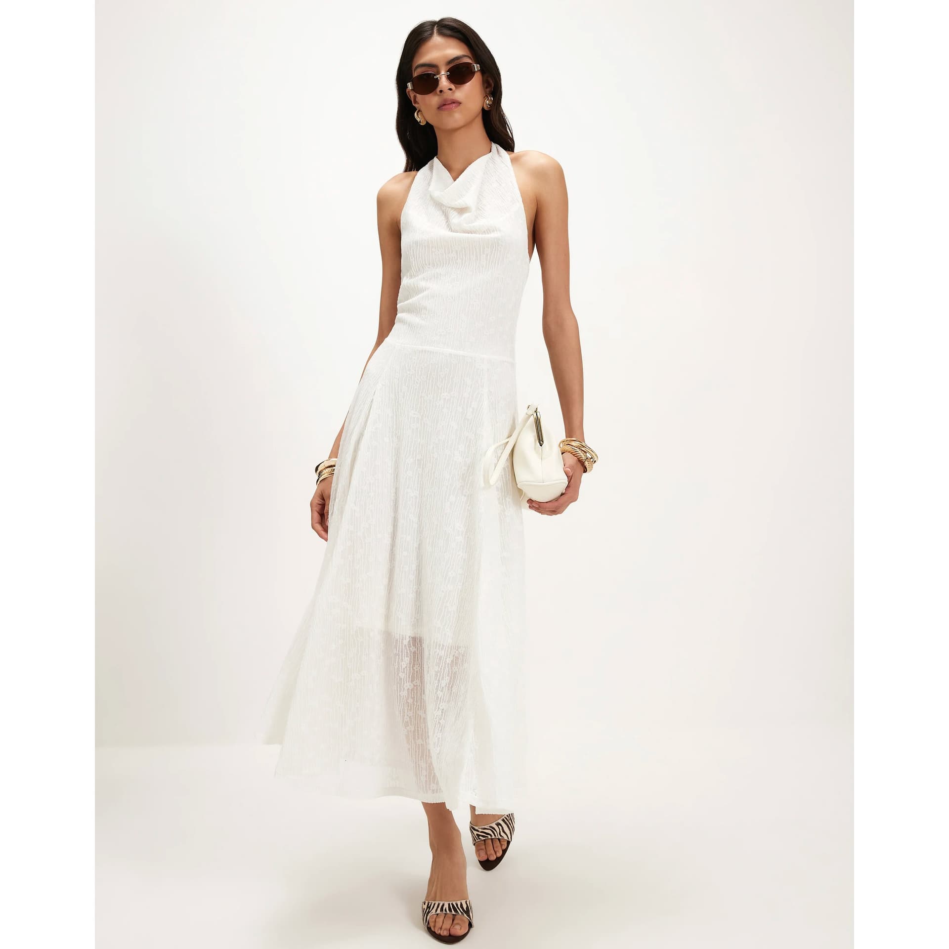 River Island River Island Womens Cream Textured Halter Neck Midi Dress