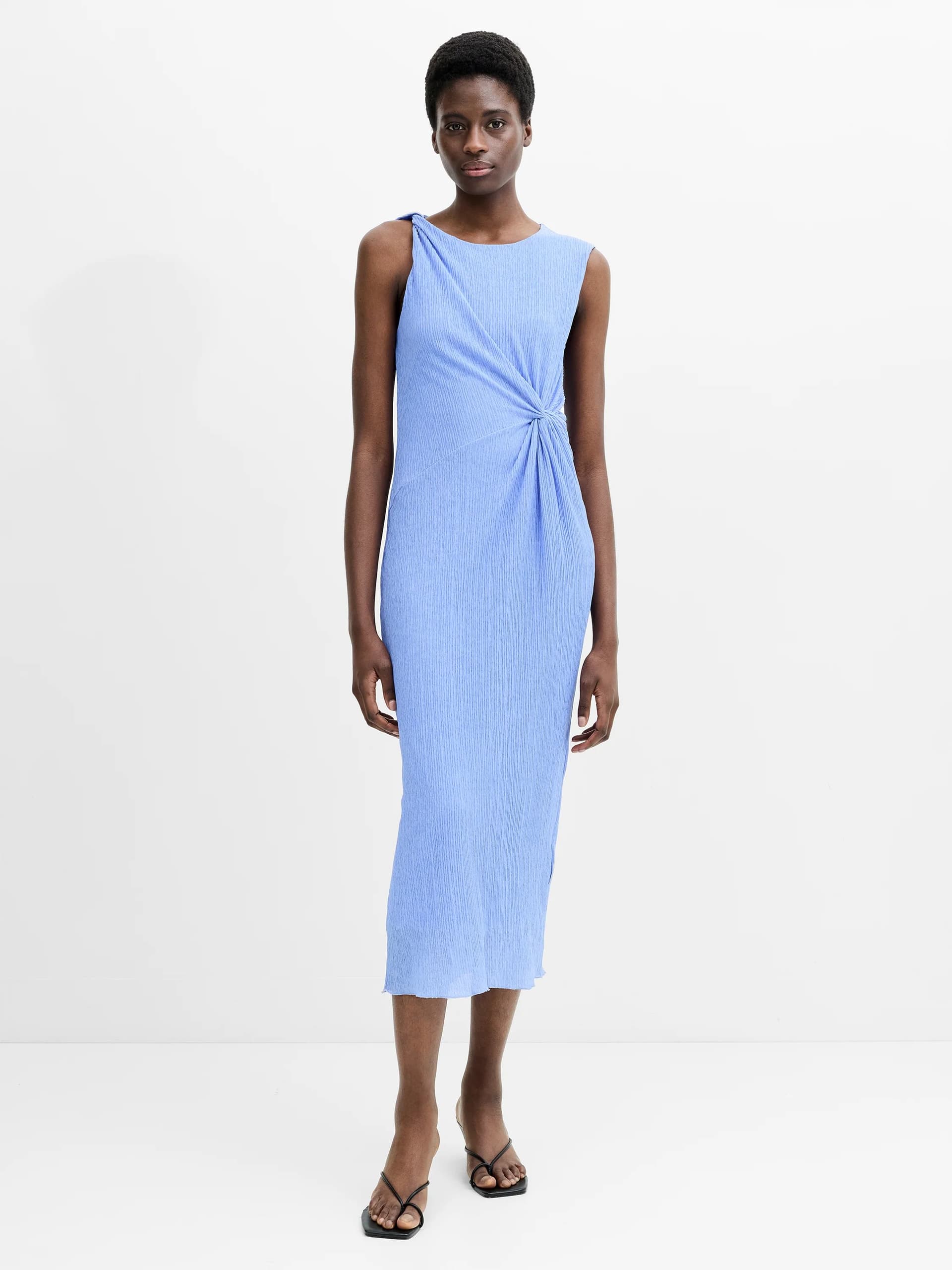 French Connection Kiama Plisse Side Twist Midi Dress Soft Azure Blue