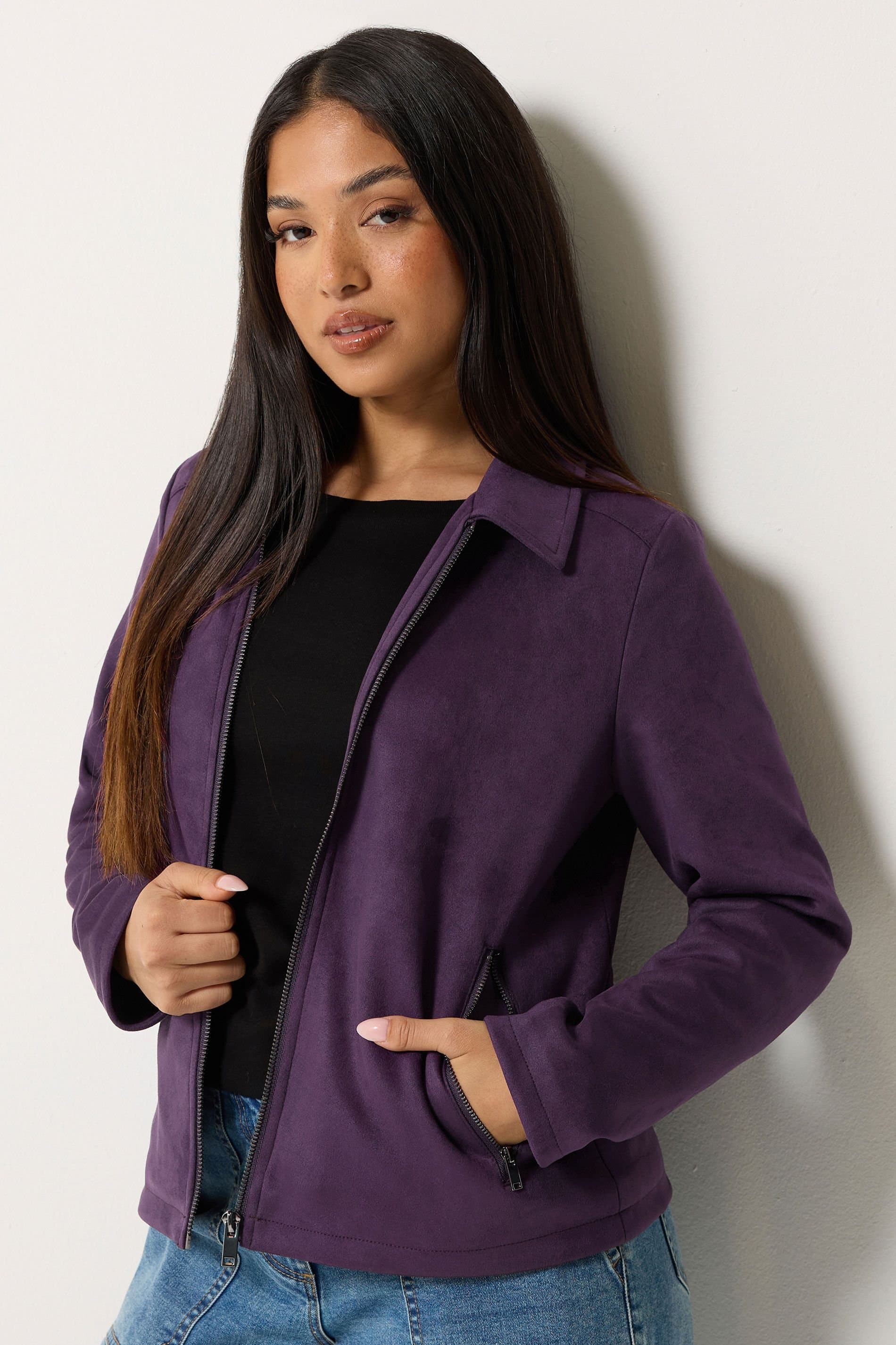 M&Co M&Co Women's Petite Faux Suede Bomber Jacket in Purple