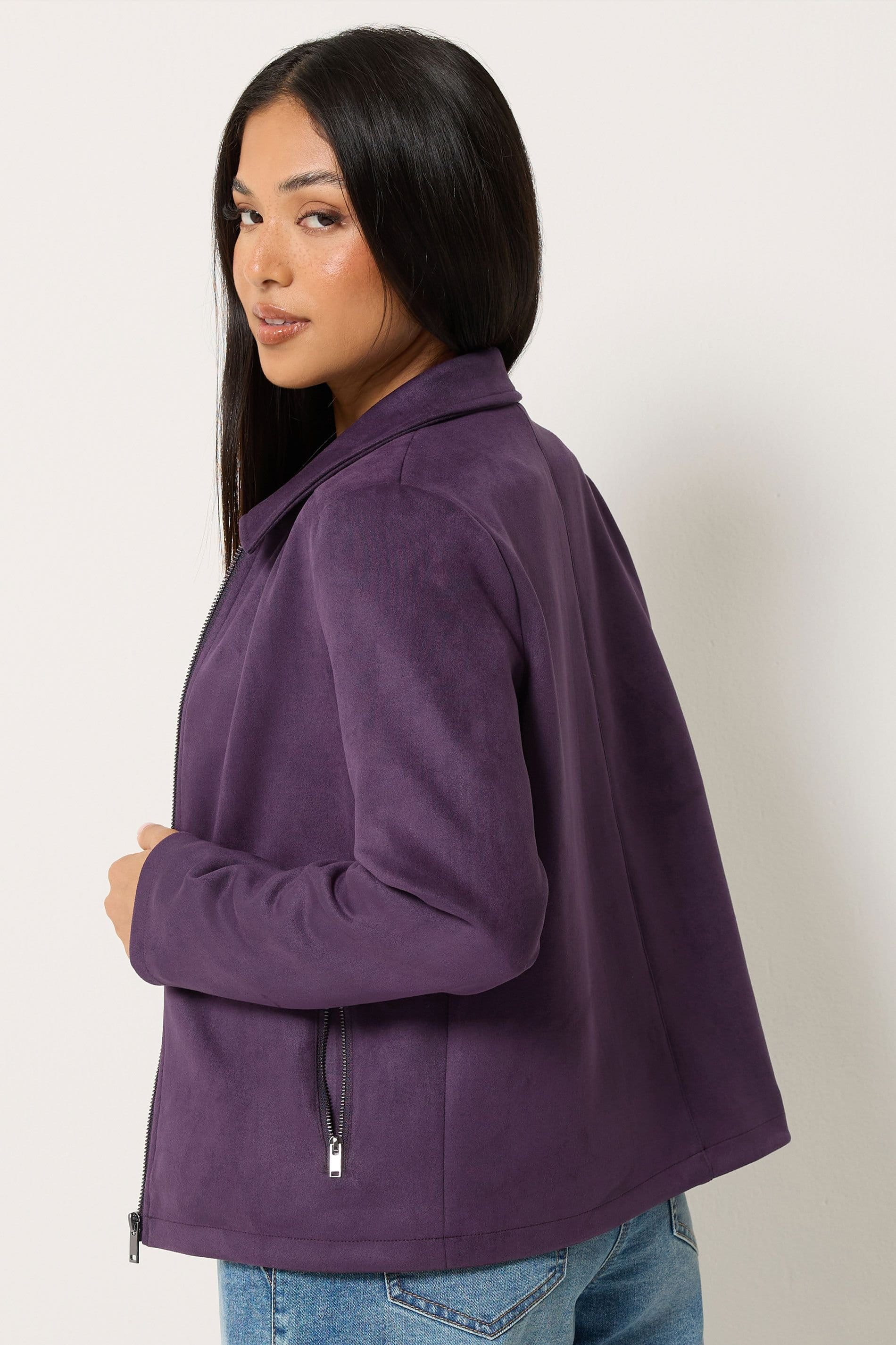 M&Co M&Co Women's Petite Faux Suede Bomber Jacket in Purple - 4