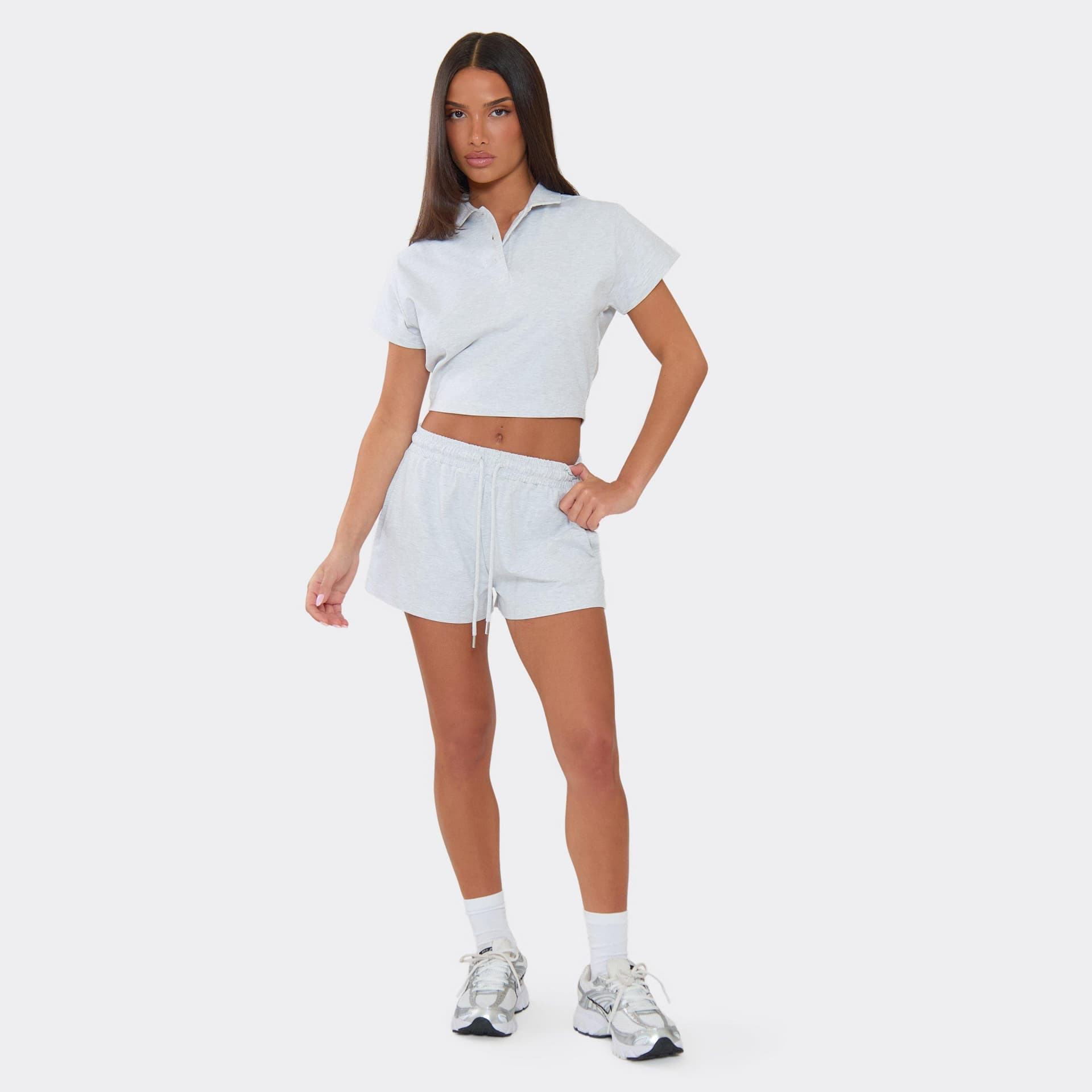 EGO Low Rise Tie Waist Sweat Shorts In Light Grey Marl, Women's Size UK 6