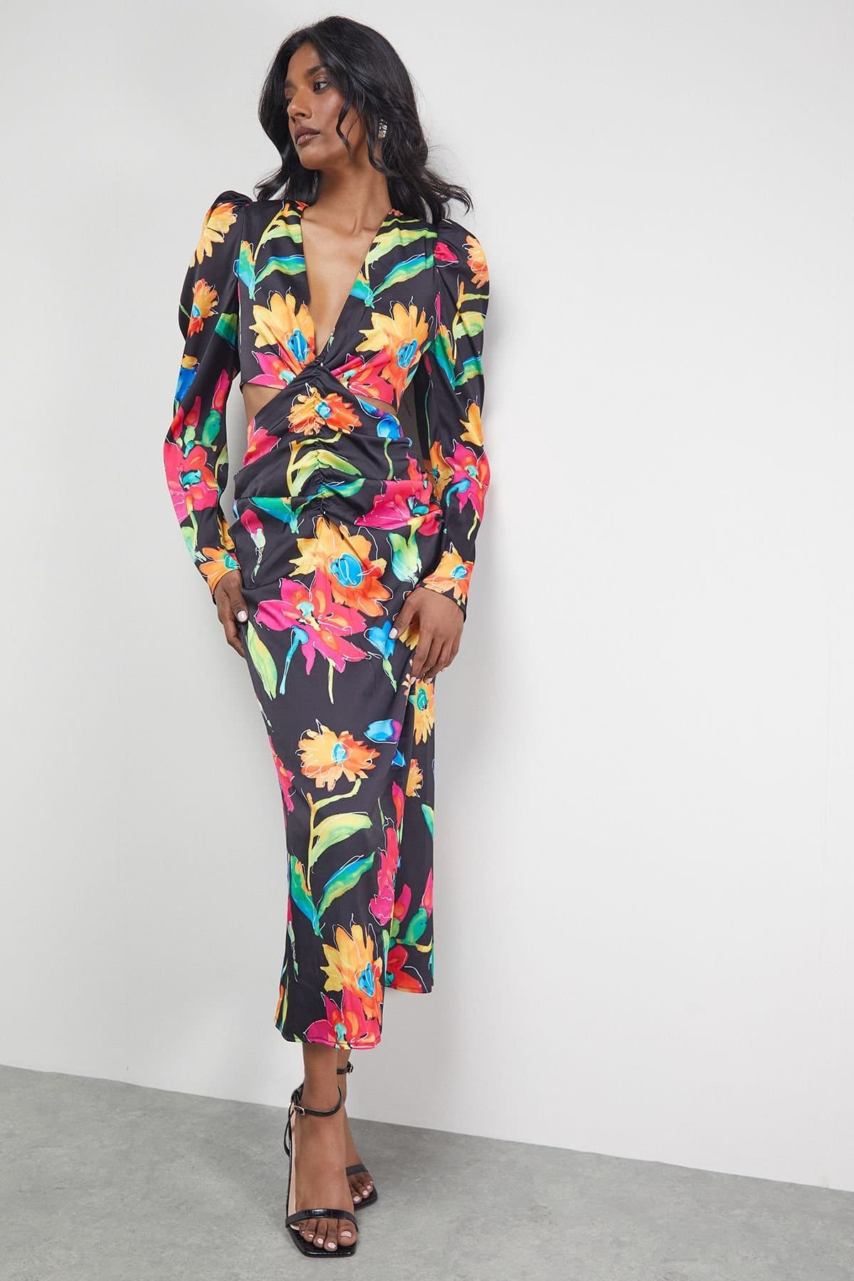 Warehouse Warehouse Women's Satin Cut Out Waist Plunge Neck Midi Dress