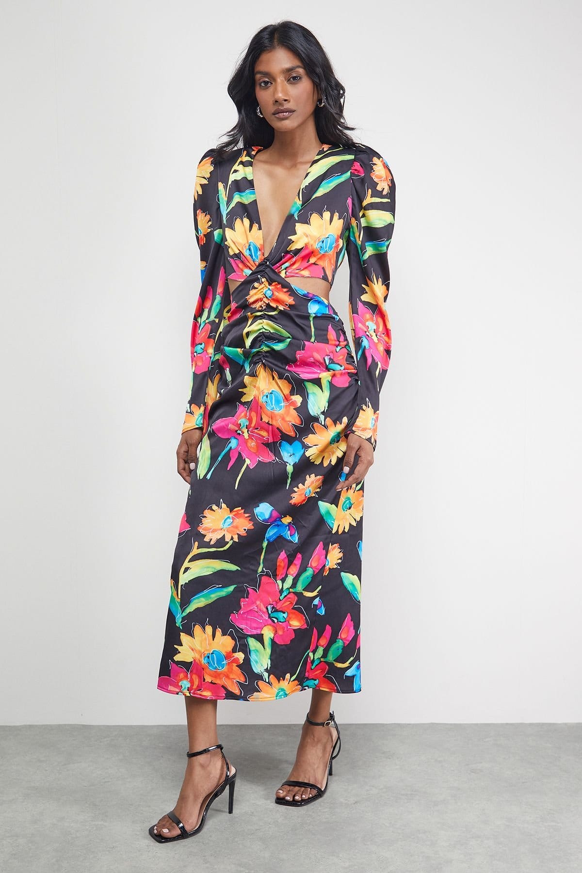 Warehouse Warehouse Women's Satin Cut Out Waist Plunge Neck Midi Dress - 4