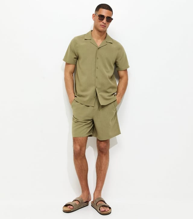 New Look Men's Light Khaki Regular Short Sleeve Linen Look Shirt New Look - 2