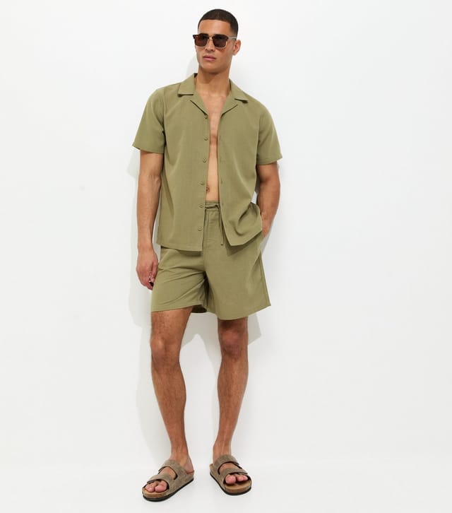 New Look Men's Light Khaki Regular Short Sleeve Linen Look Shirt New Look - 3