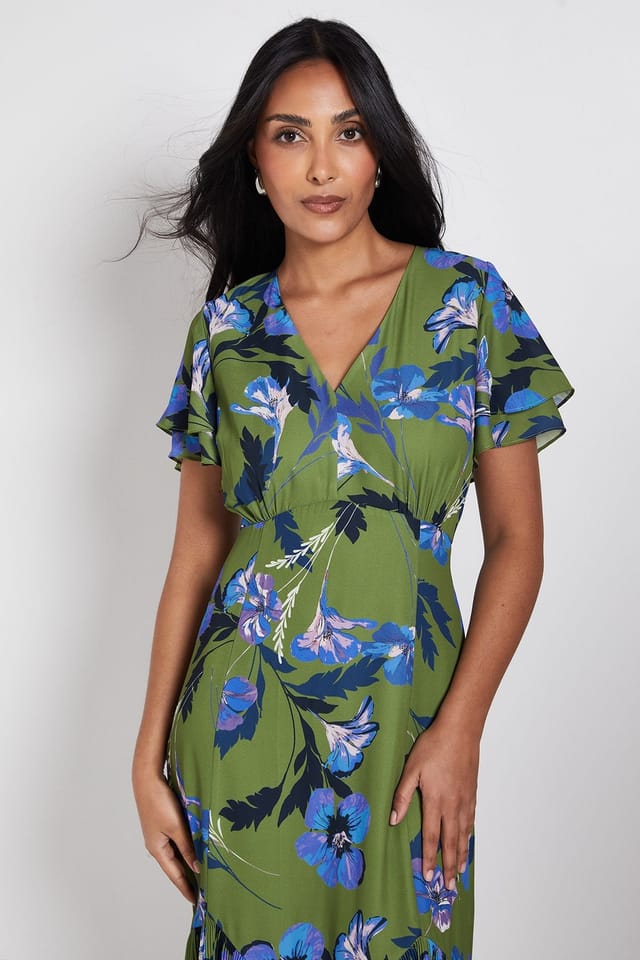 Wallis Wallis Women's Petite Floral Button Through Pleated Hem Midi Dress in Olive - 2