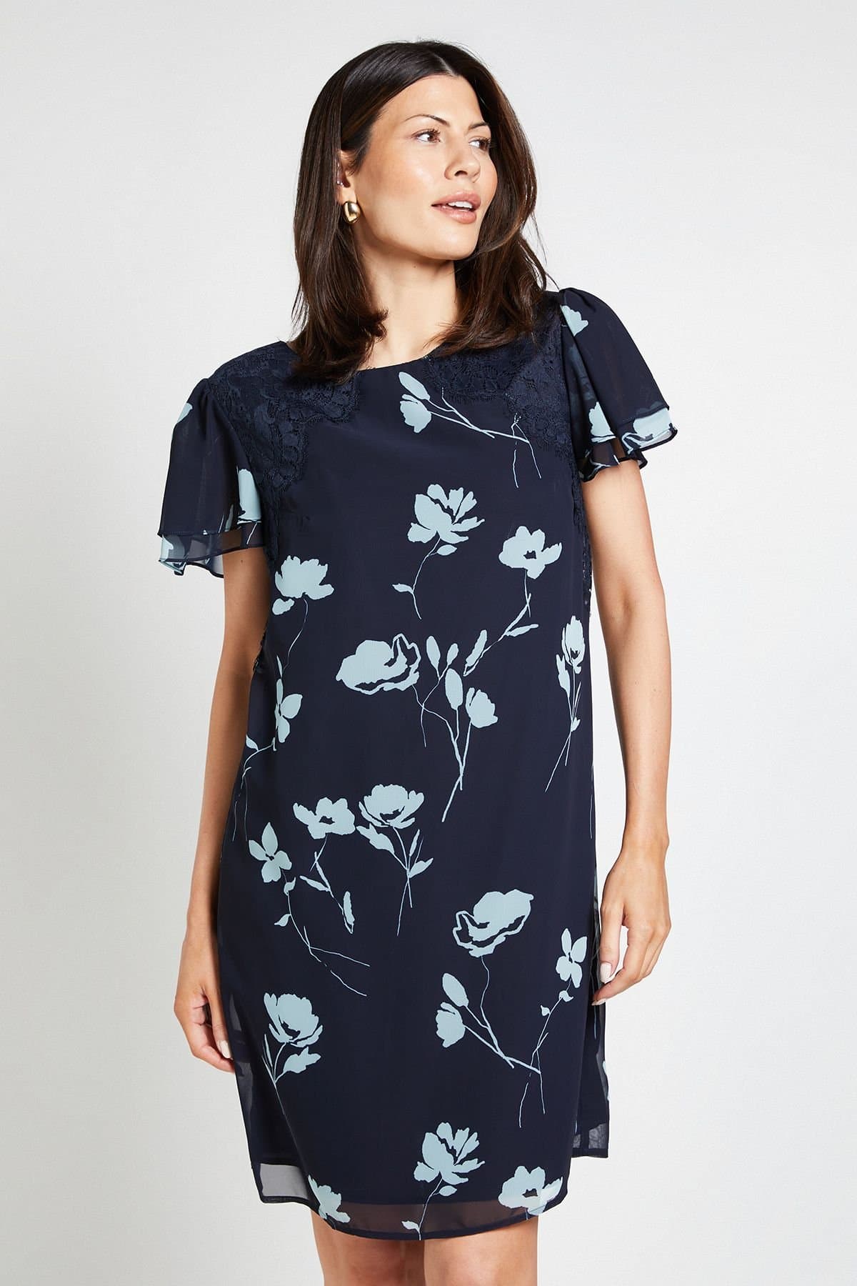 Wallis Wallis Women's Floral Lace Ruffle Sleeve Shift Dress in Navy