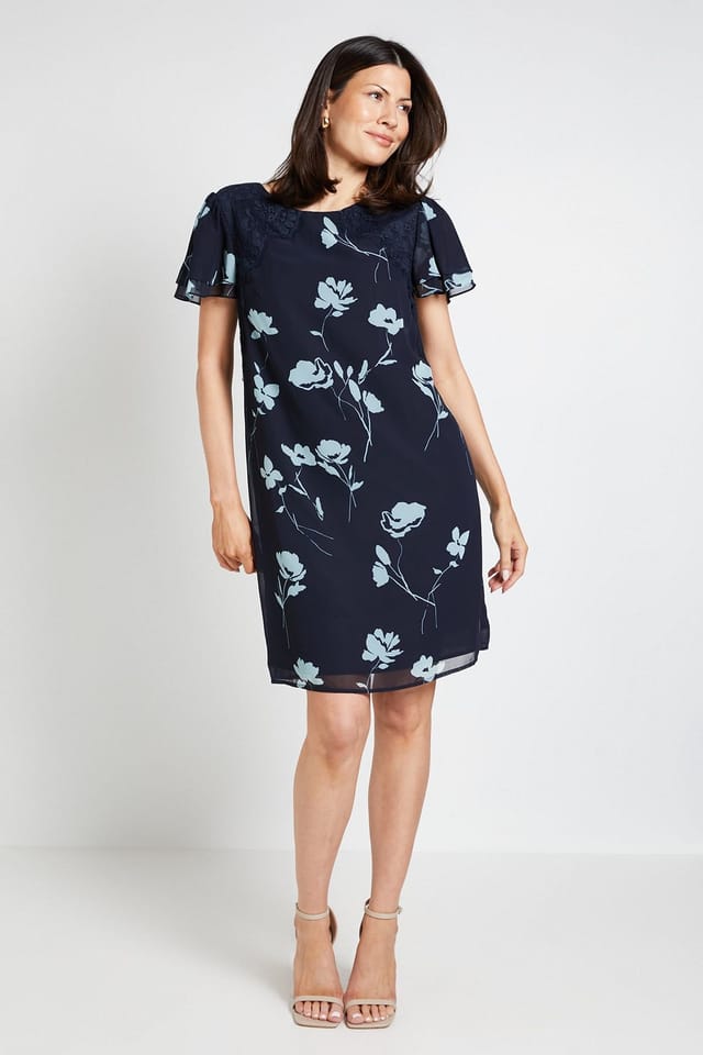 Wallis Wallis Women's Floral Lace Ruffle Sleeve Shift Dress in Navy - 2