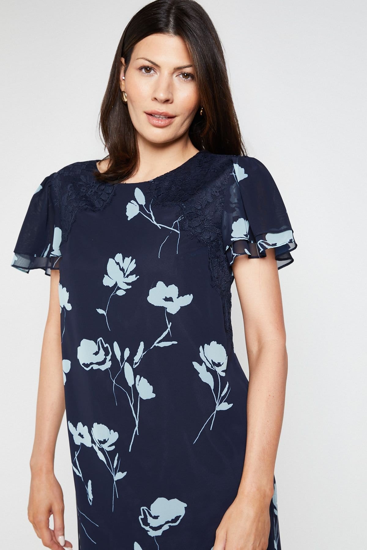 Wallis Wallis Women's Floral Lace Ruffle Sleeve Shift Dress in Navy - 4