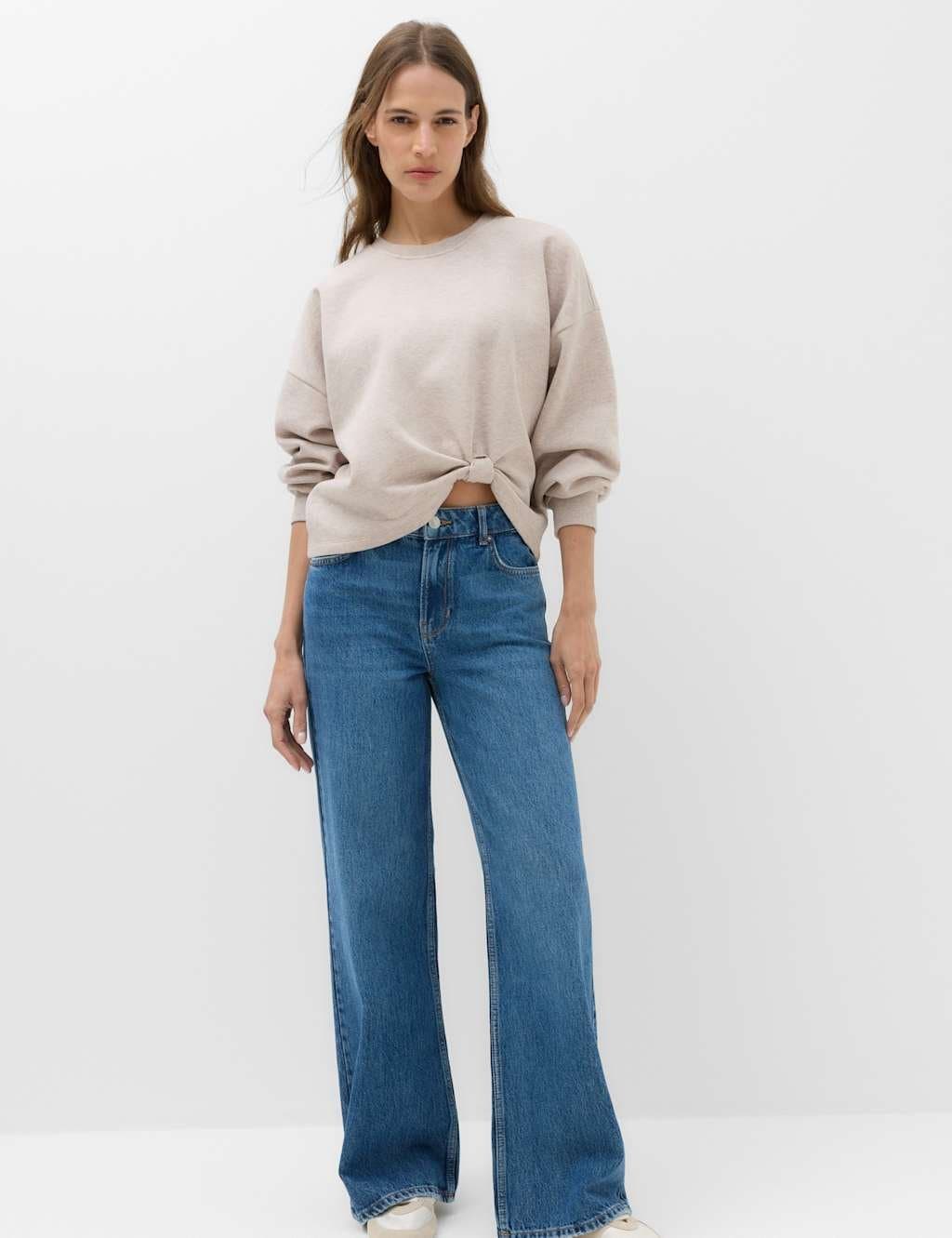 Marks & Spencer M&S Cotton Rich Crew Neck Twist Front Sweatshirt Neutral