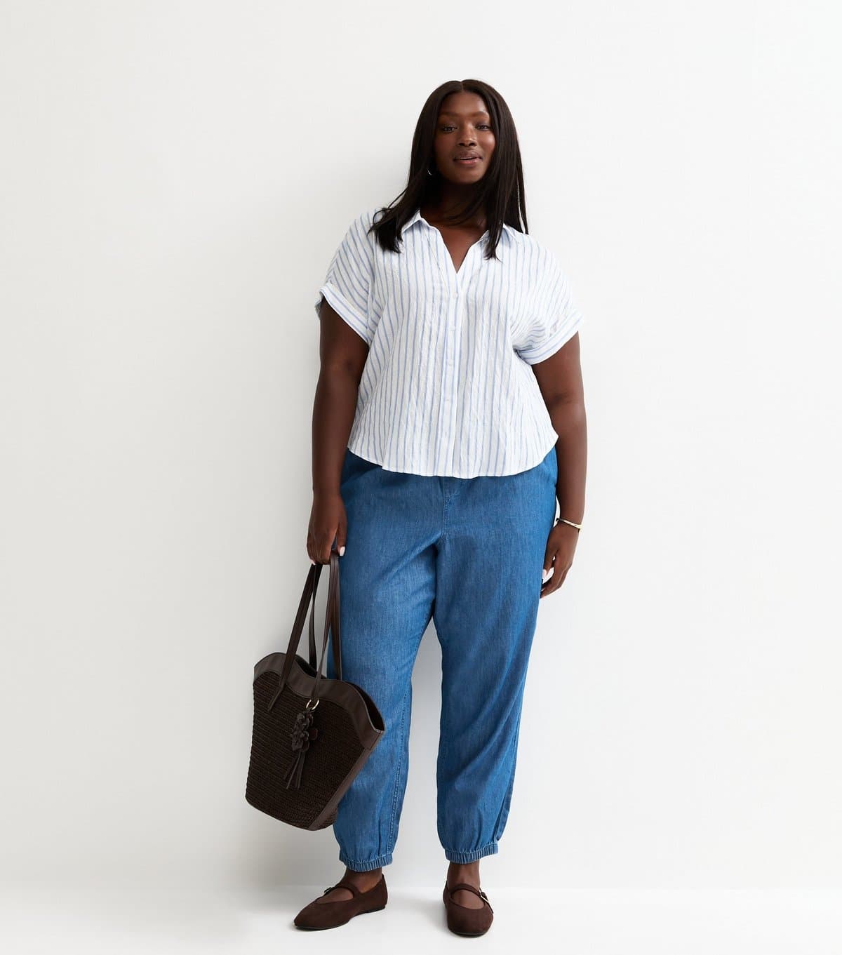 New Look Women's Plus Size Blue Chambray Tapered Drawstring Trousers Curves New Look