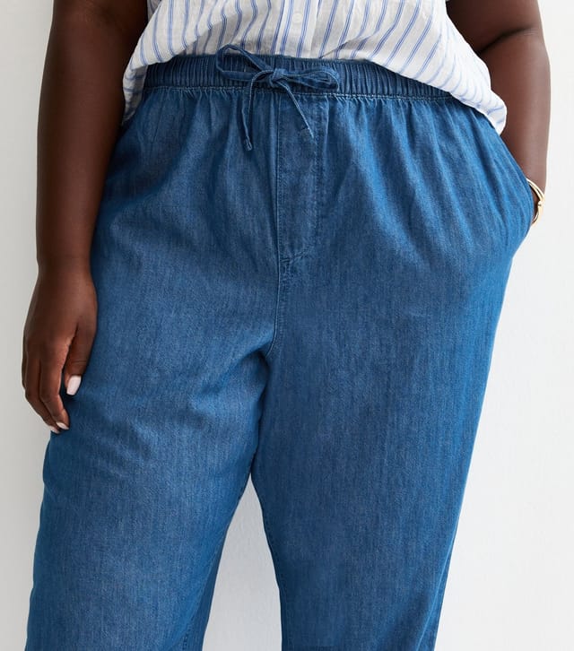 New Look Women's Plus Size Blue Chambray Tapered Drawstring Trousers Curves New Look - 2