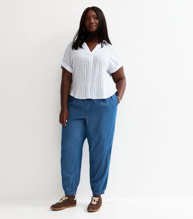New Look Women's Plus Size Blue Chambray Tapered Drawstring Trousers Curves New Look - 3