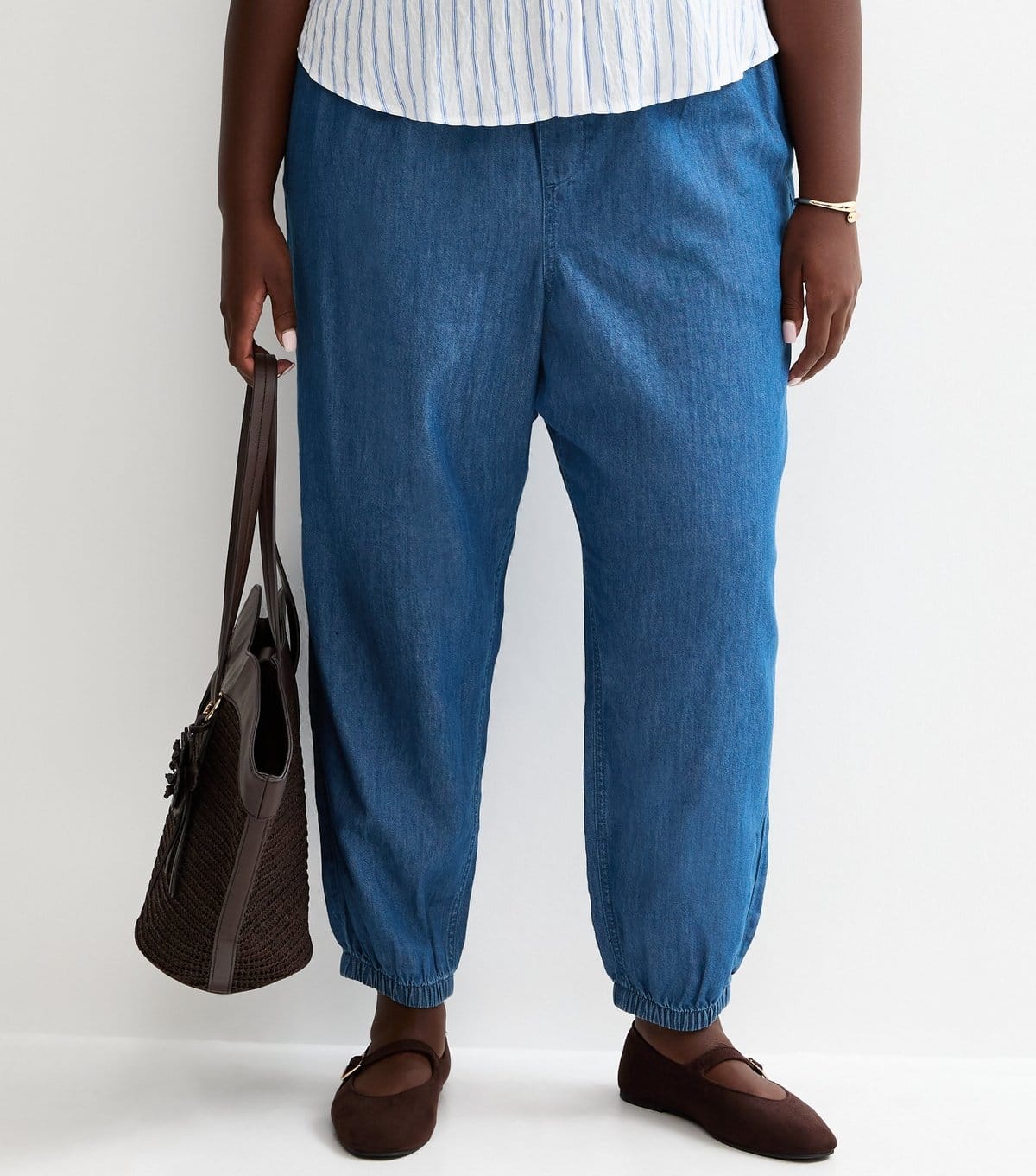New Look Women's Plus Size Blue Chambray Tapered Drawstring Trousers Curves New Look - 4