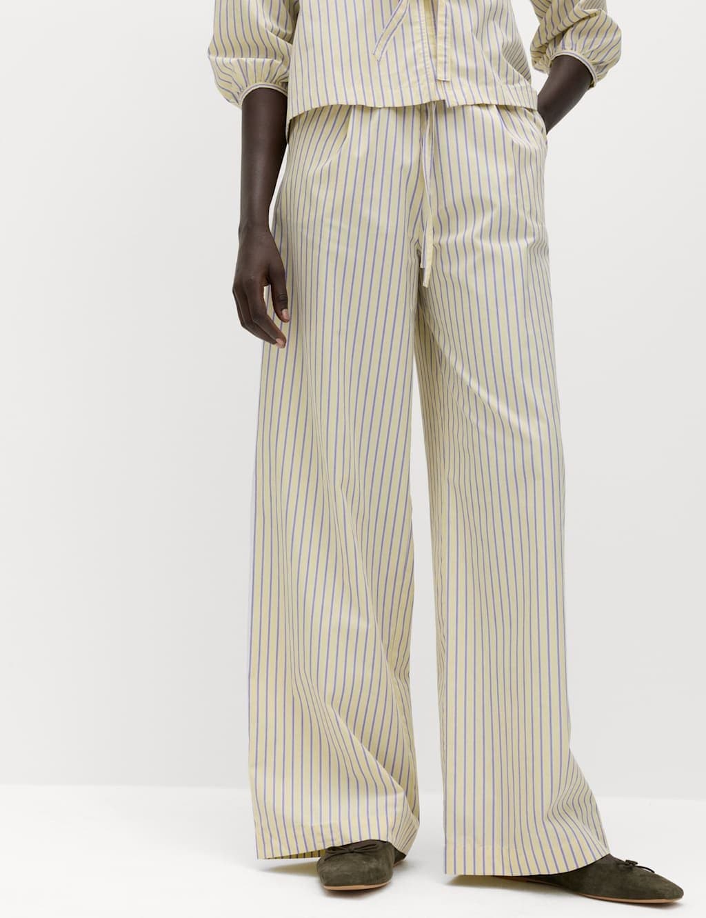 Marks & Spencer M&S Yellow Mix Cotton Striped Wide Leg Trousers
