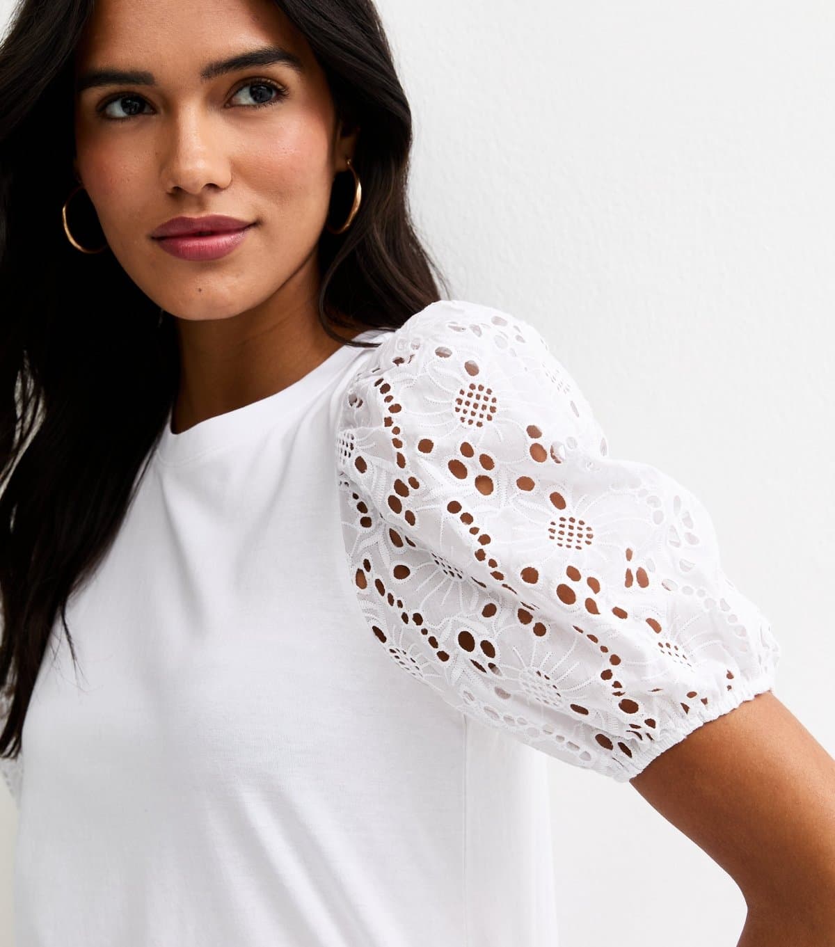 New Look Women's White Broderie Anglaise Puff Sleeve Top New Look