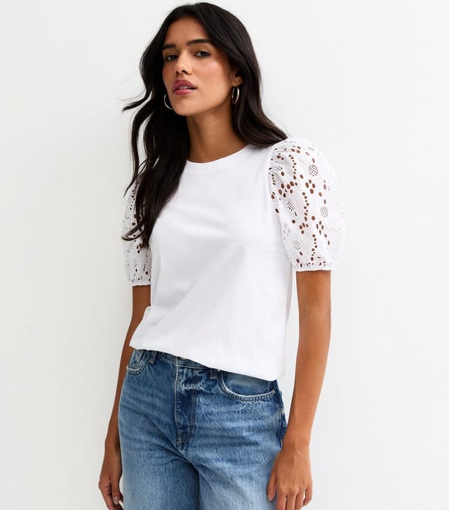 New Look Women's White Broderie Anglaise Puff Sleeve Top New Look - 2