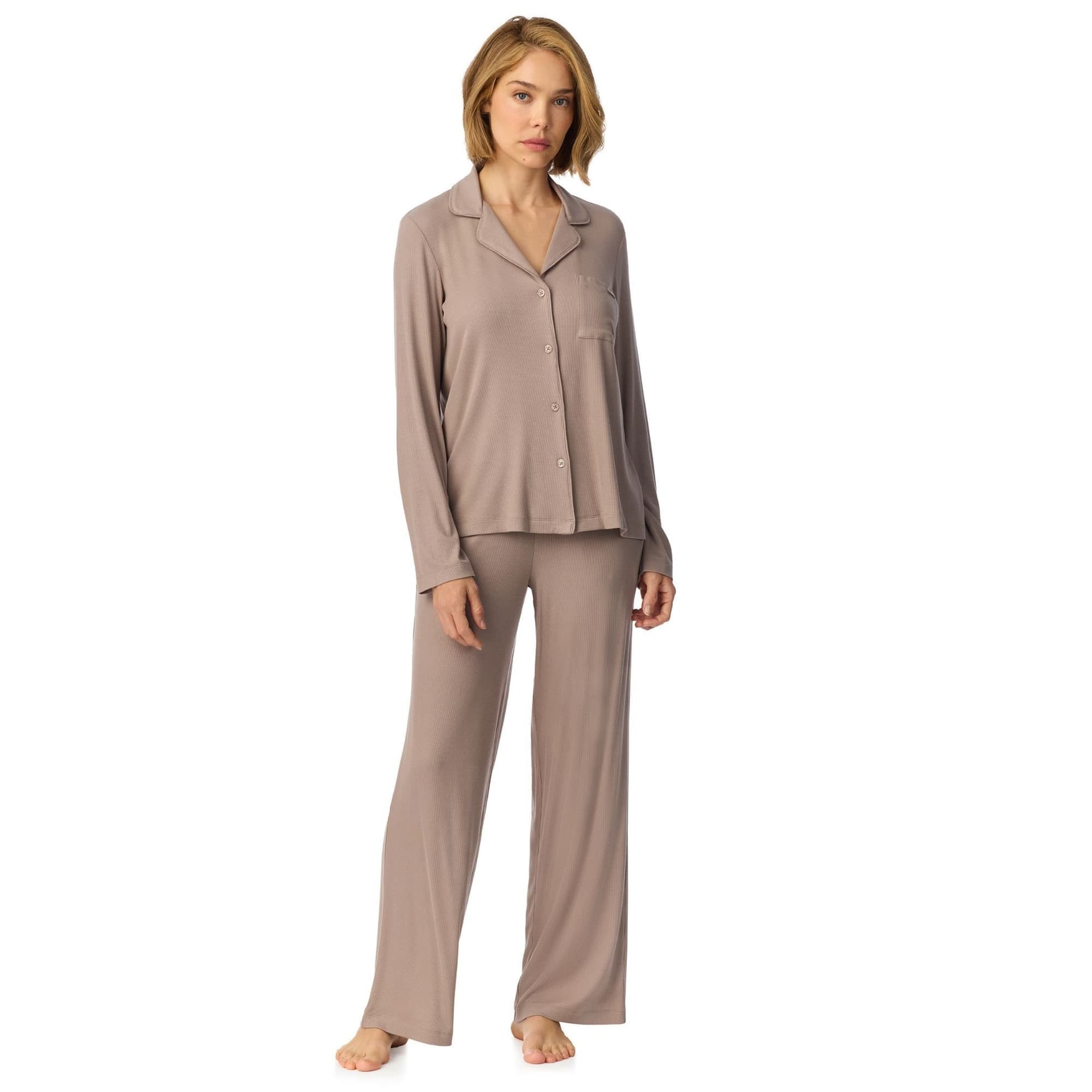 DKNY DKNY Women's Long Sleeve Notch Top & Pant Sleep Set in City Stone in Light Tan