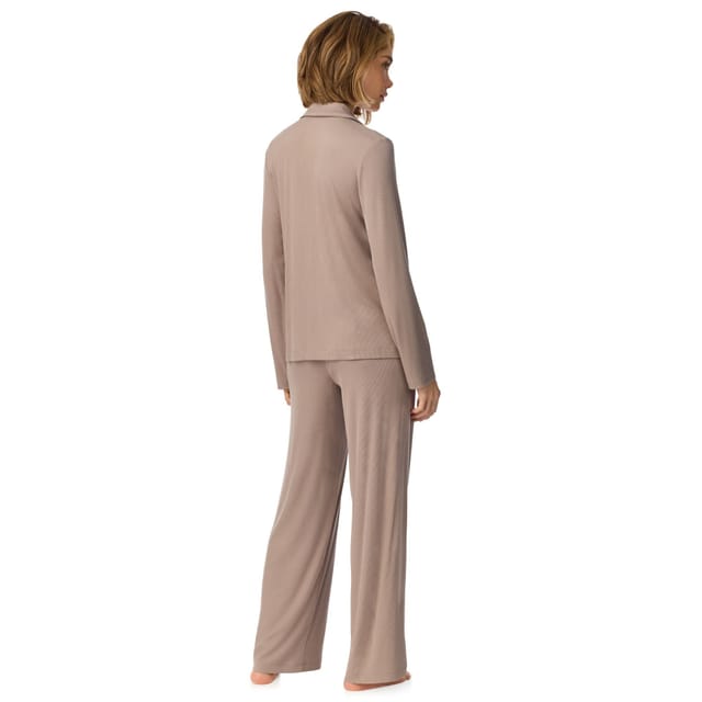 DKNY DKNY Women's Long Sleeve Notch Top & Pant Sleep Set in City Stone in Light Tan - 2
