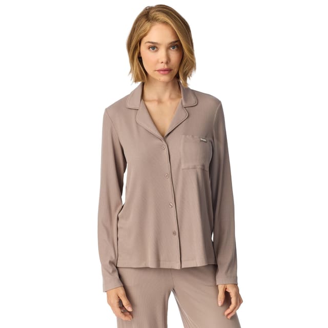 DKNY DKNY Women's Long Sleeve Notch Top & Pant Sleep Set in City Stone in Light Tan - 3
