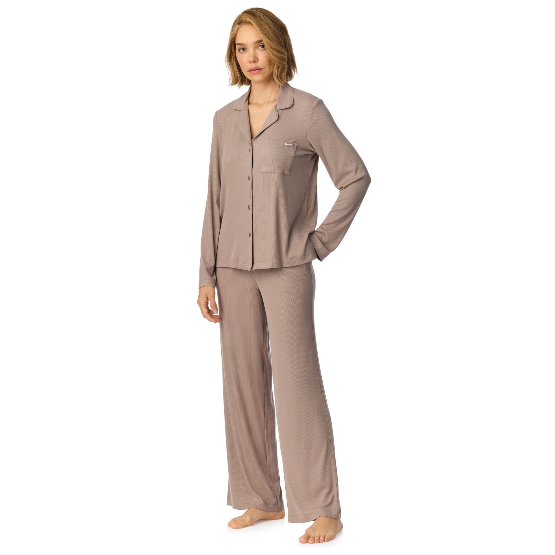 DKNY DKNY Women's Long Sleeve Notch Top & Pant Sleep Set in City Stone in Light Tan - 4