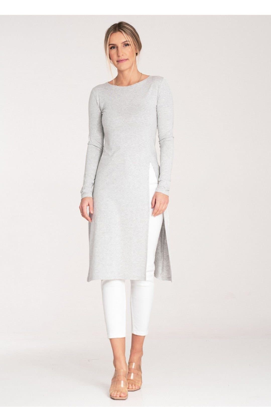 Love Lace Love Lace Women's Long Sleeve Round Neck Tunic Side Slit in Grey