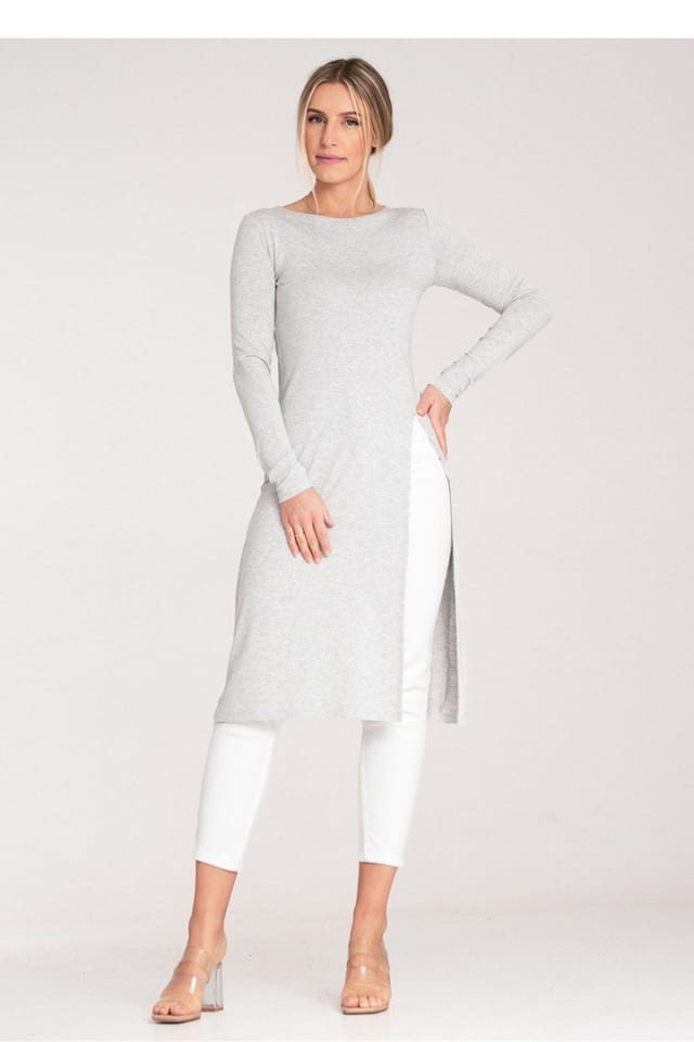 Love Lace Love Lace Women's Long Sleeve Round Neck Tunic Side Slit in Grey - 2
