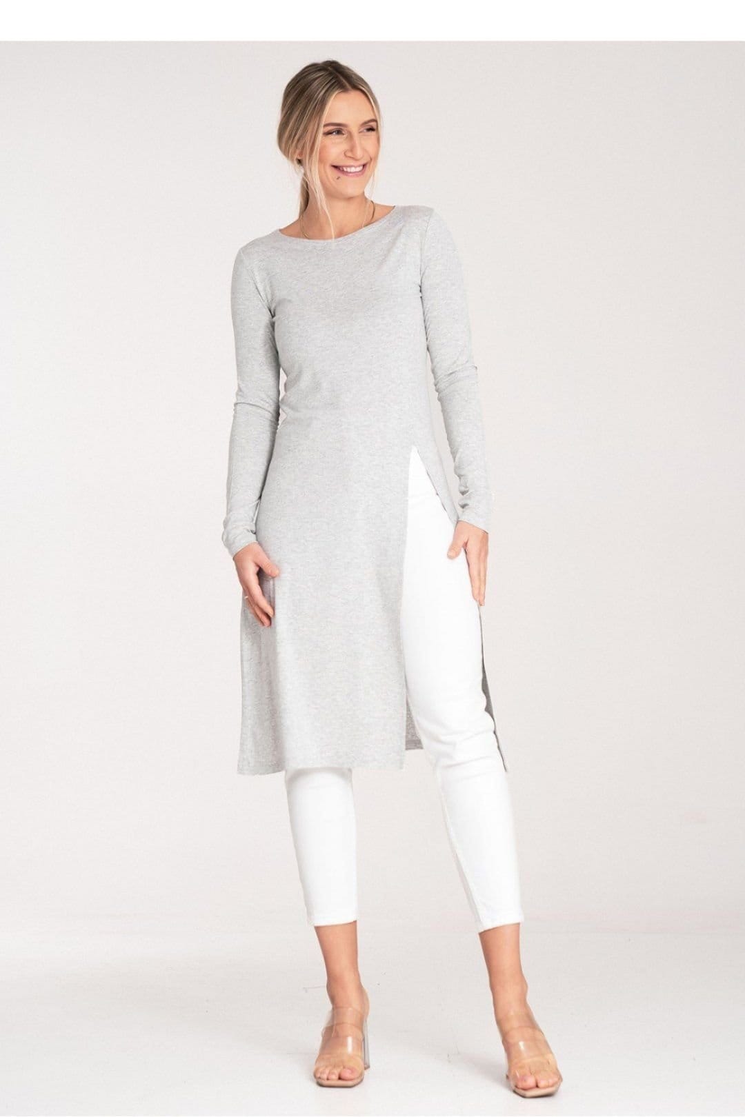 Love Lace Love Lace Women's Long Sleeve Round Neck Tunic Side Slit in Grey - 4