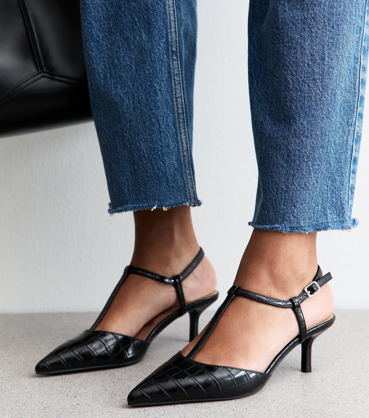 New Look Women's Black Faux Leather Snakeskin Effect Kitten Heel Slingback Pumps Vegan New Look