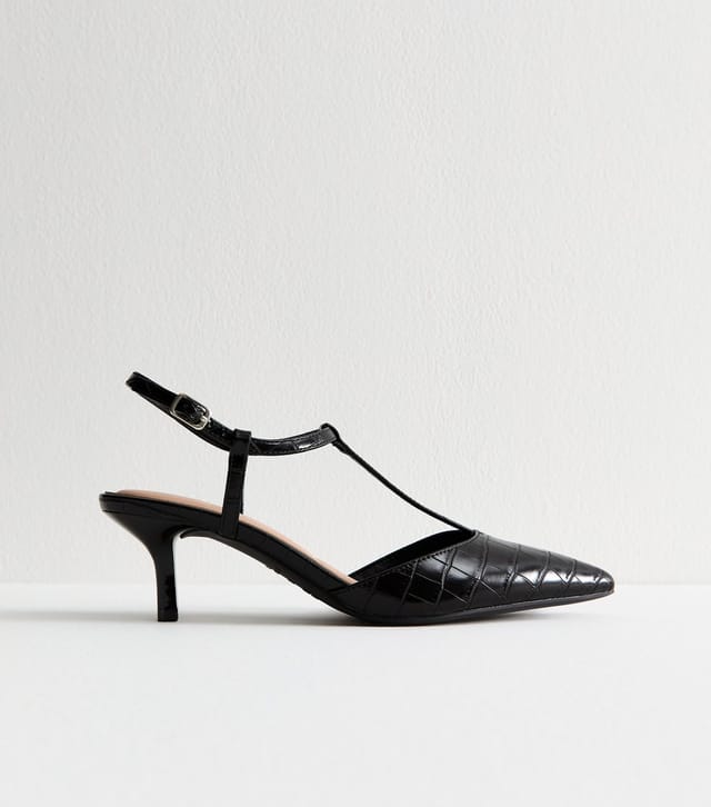 New Look Women's Black Faux Leather Snakeskin Effect Kitten Heel Slingback Pumps Vegan New Look - 2