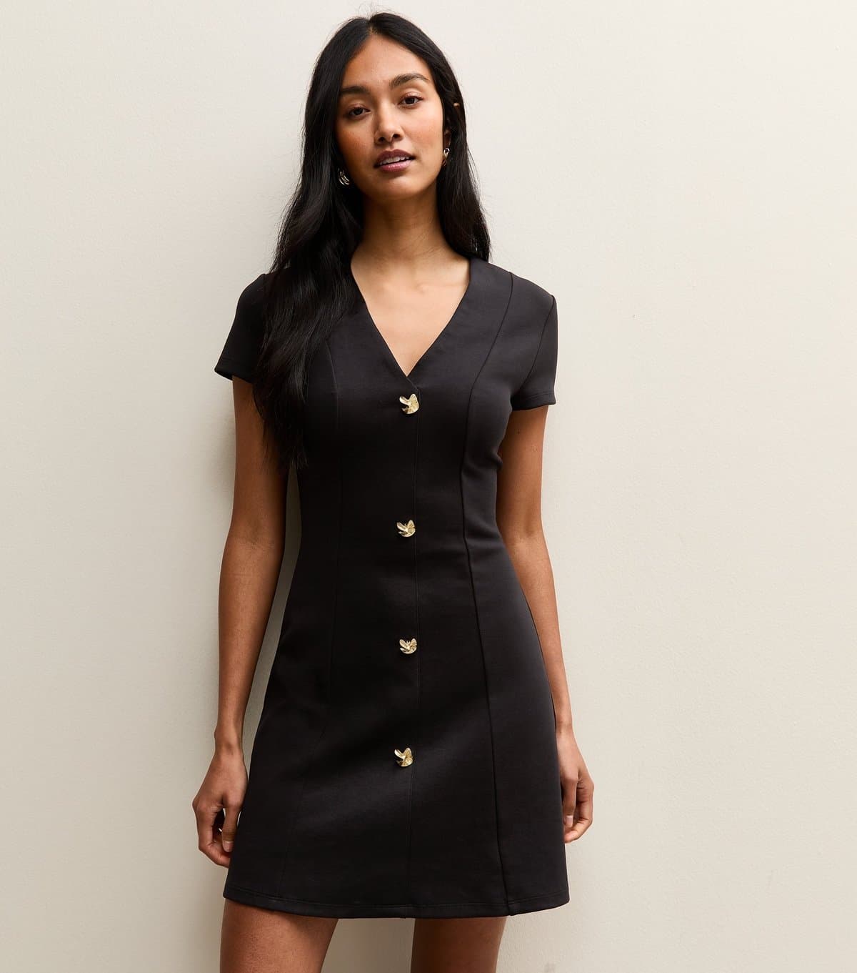 New Look Women's Black Abstract Button Short Sleeve Mini Dress New Look
