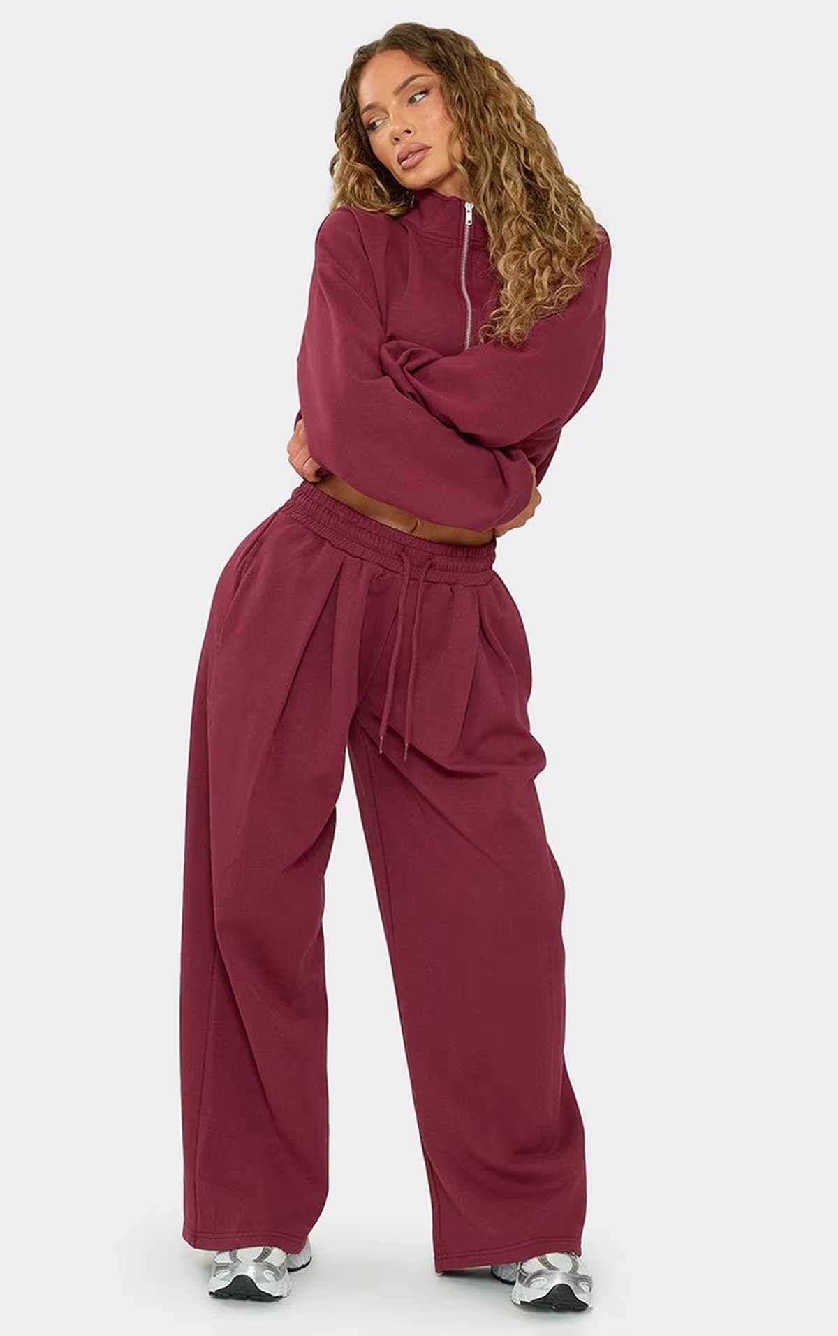 EGO Mid Rise Drawstring Waist Pleat Detail Wide Leg Joggers In Burgundy Interlock, Women's Size UK 6