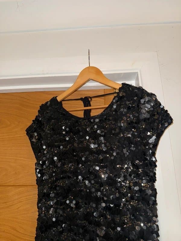 Phase Eight Phase Eight Selia Black Silver Sequin Embellished Sparkly Cap Sleeve Party Mini Dress UK 16