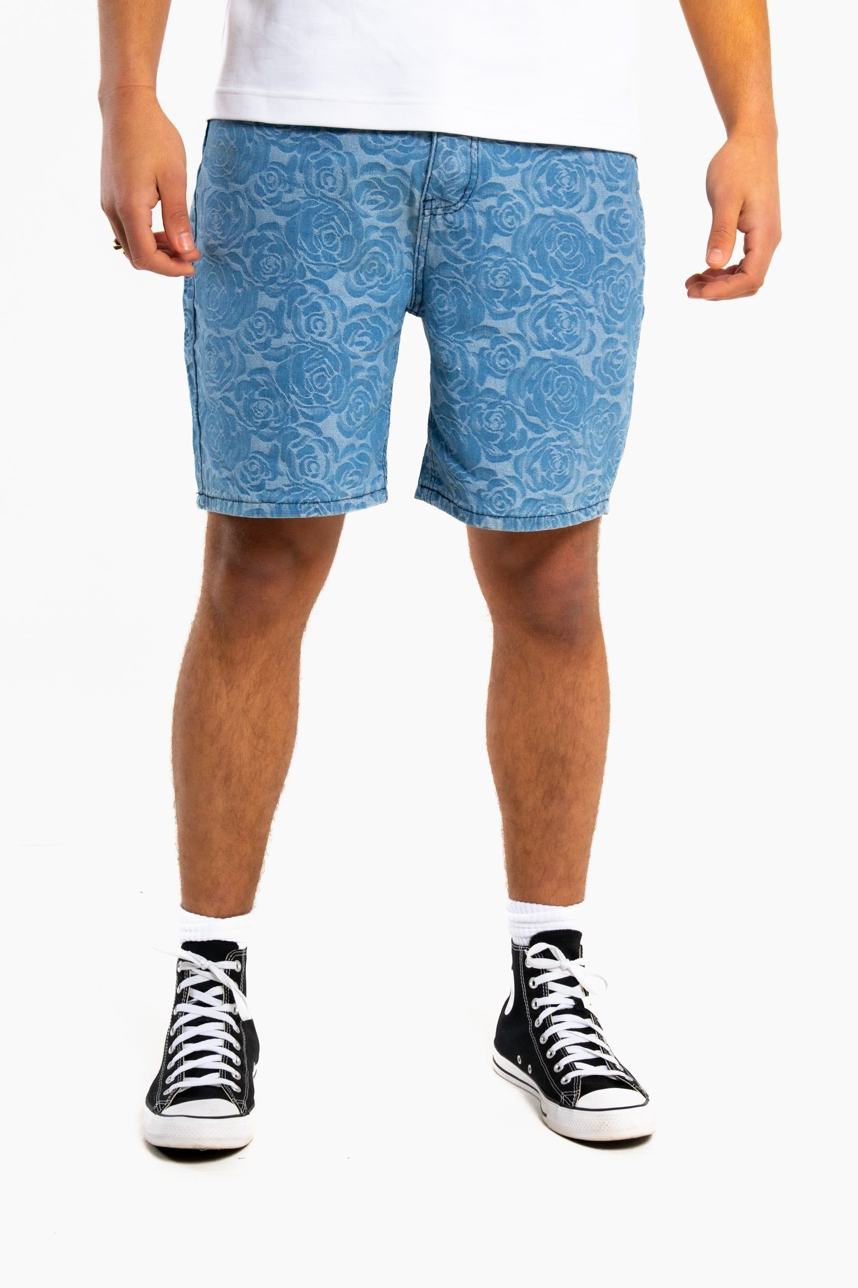 Liquor N Poker Liquor n Poker Men's Oversized Floral Textured Jacquard Denim Shorts in Blue - 2