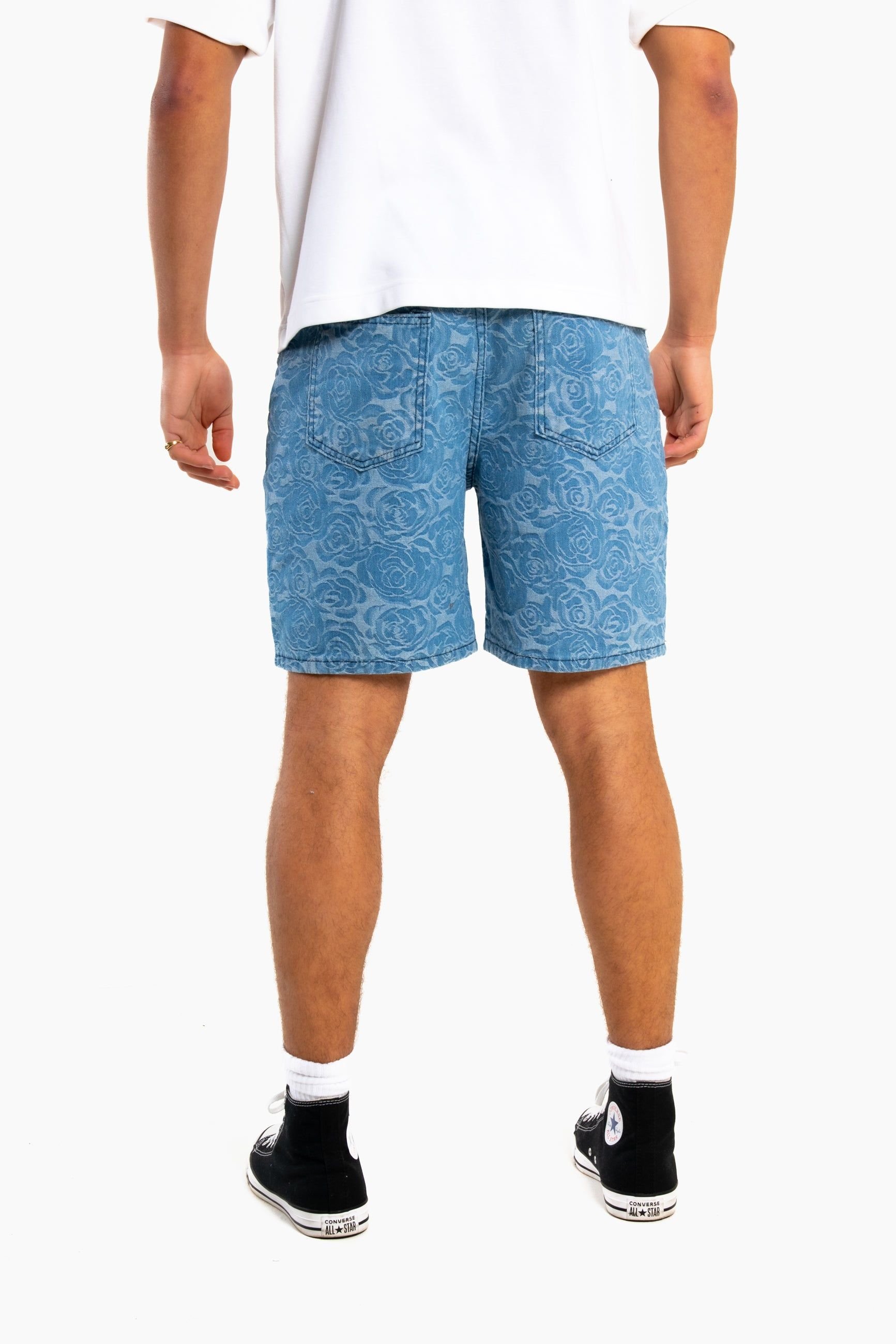 Liquor N Poker Liquor n Poker Men's Oversized Floral Textured Jacquard Denim Shorts in Blue - 3