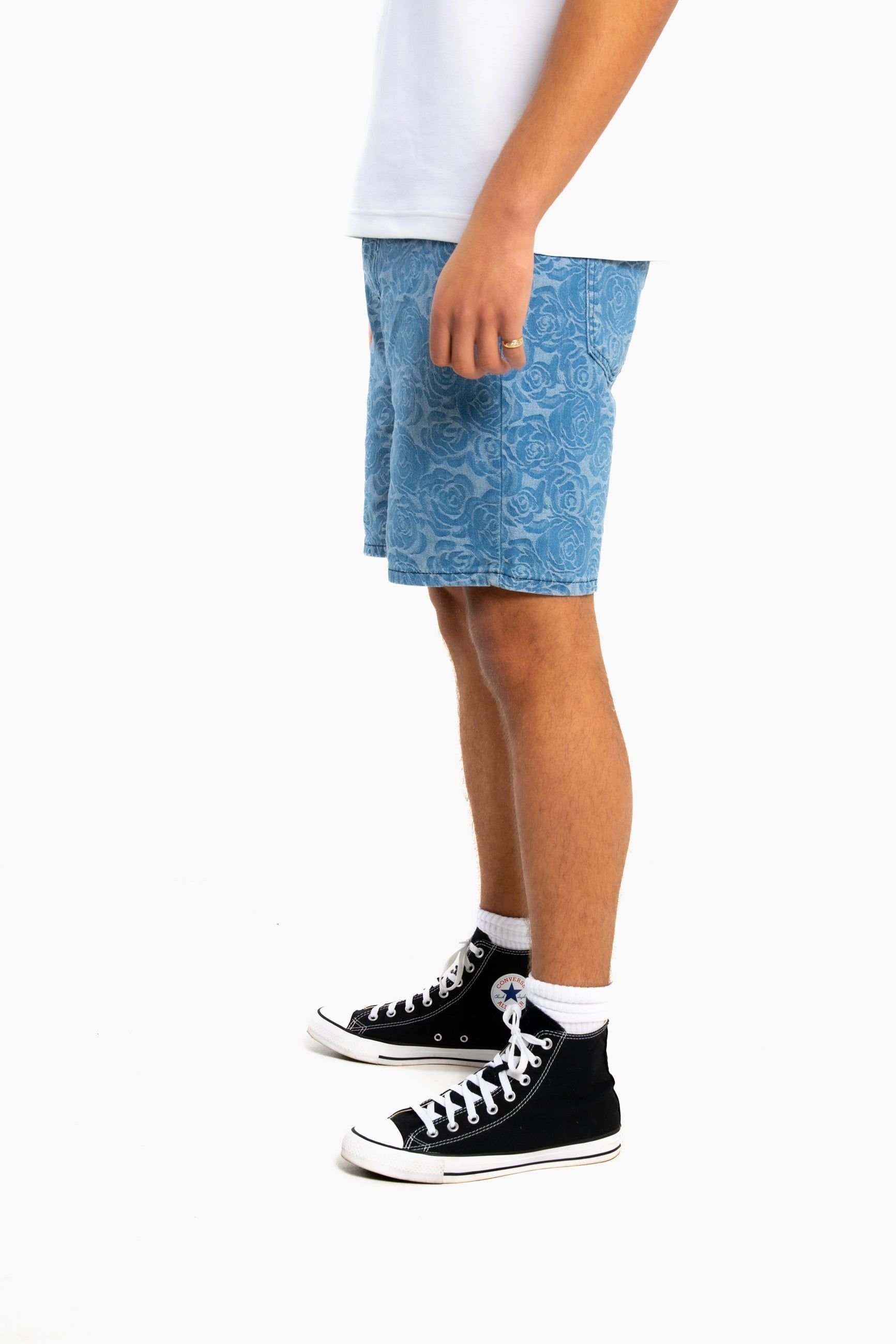 Liquor N Poker Liquor n Poker Men's Oversized Floral Textured Jacquard Denim Shorts in Blue - 4