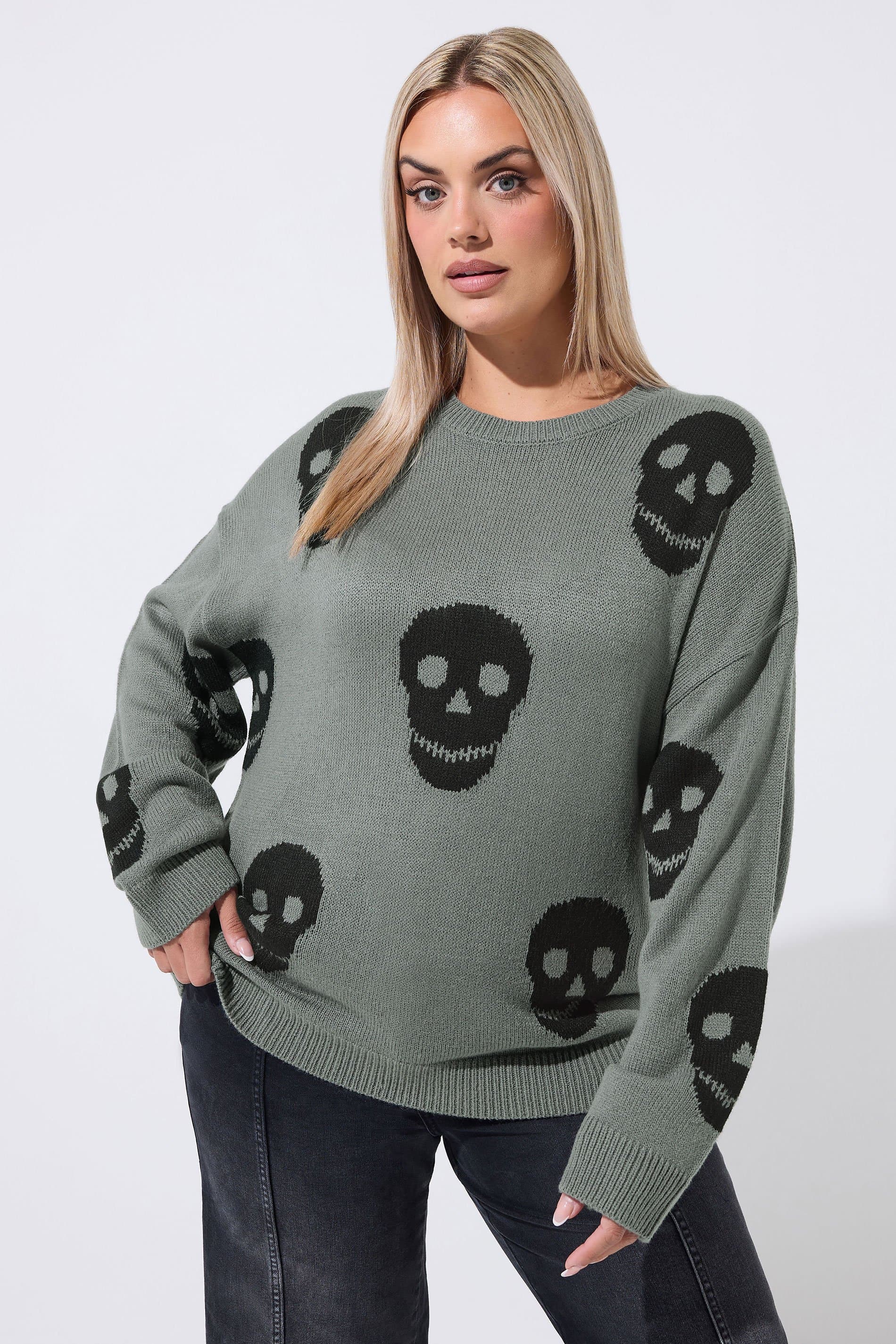 Limited Collection Plus Size Grey Skull Knitted Jumper