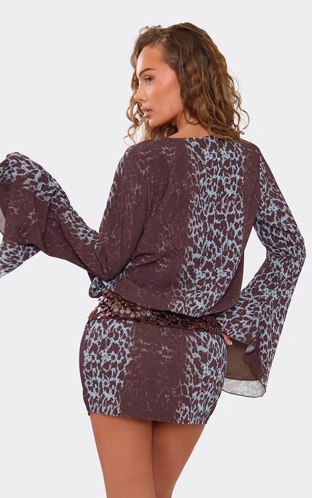 EGO Blue Leopard Print Sequin Mini Dress With Flared Sleeves