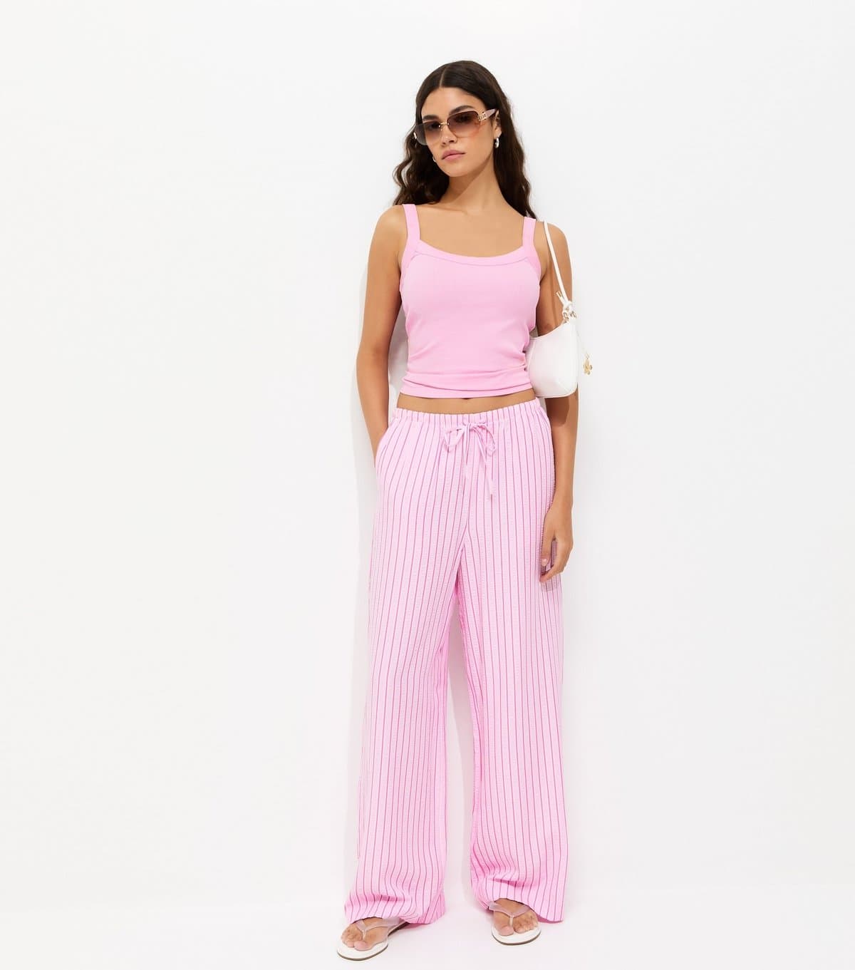 New Look Women's Pink Striped Seersucker Wide Leg Trousers New Look