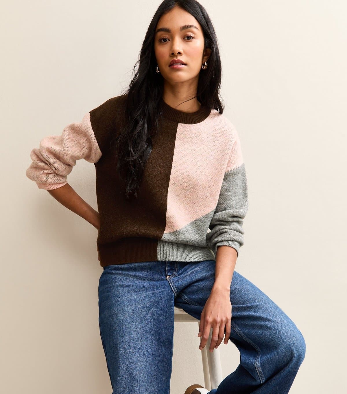 New Look Women's Pink Colour Block Crew Neck Jumper New Look