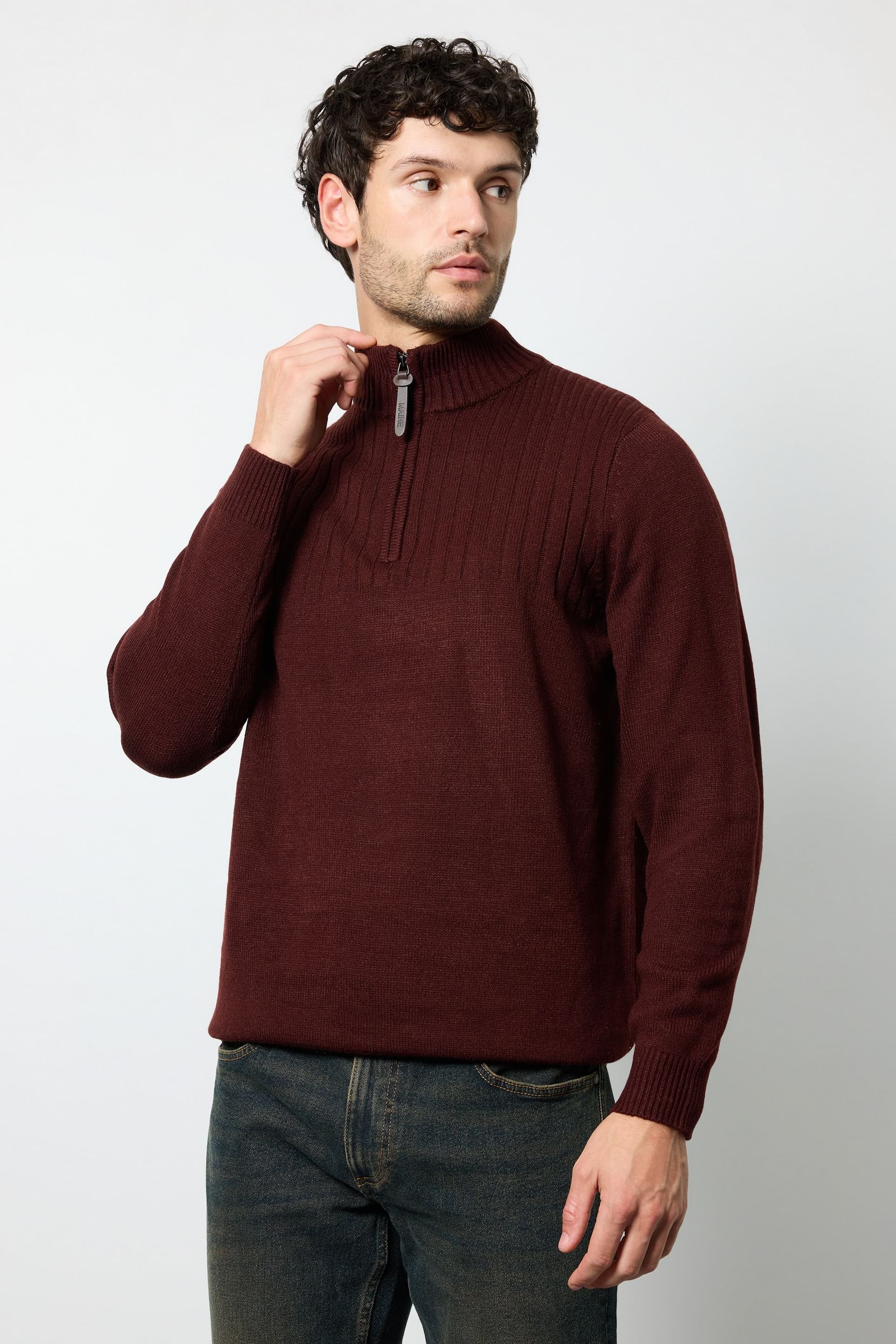 Maine Maine Men's Burgundy Yoke Detail Half Zip Knitted Jumper