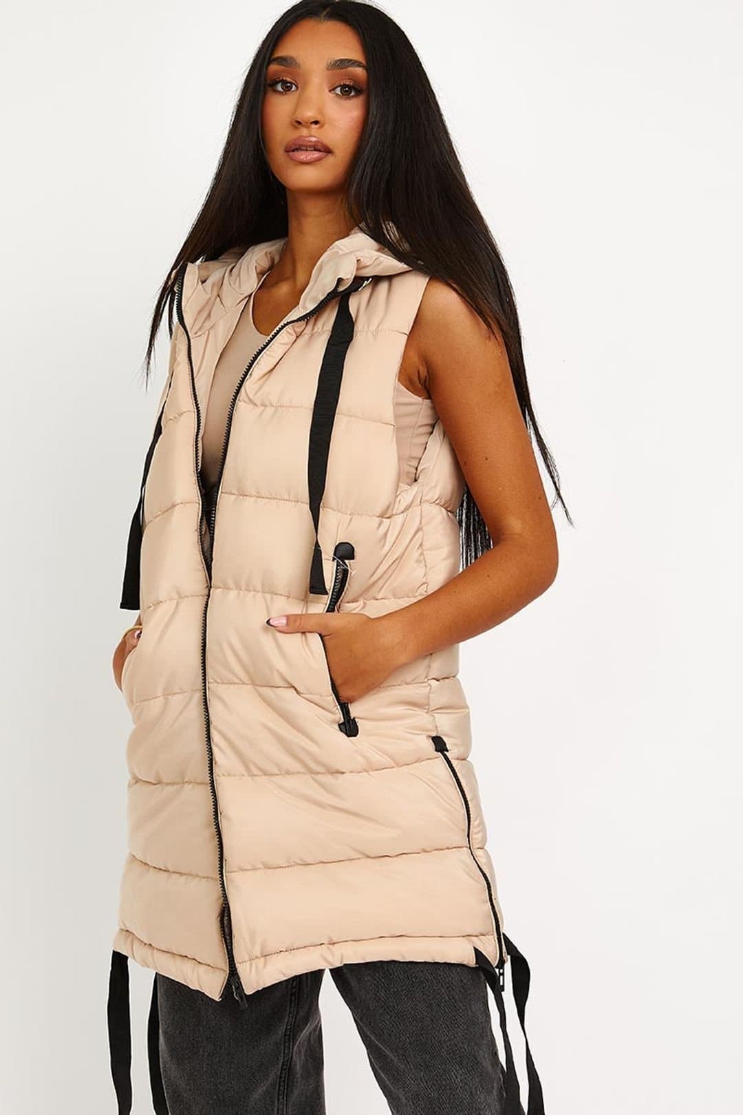 STYLEWISE STYLEWISE Women's D-Ring Tape Detail - Longline Padded - Hooded Gilet in Stone