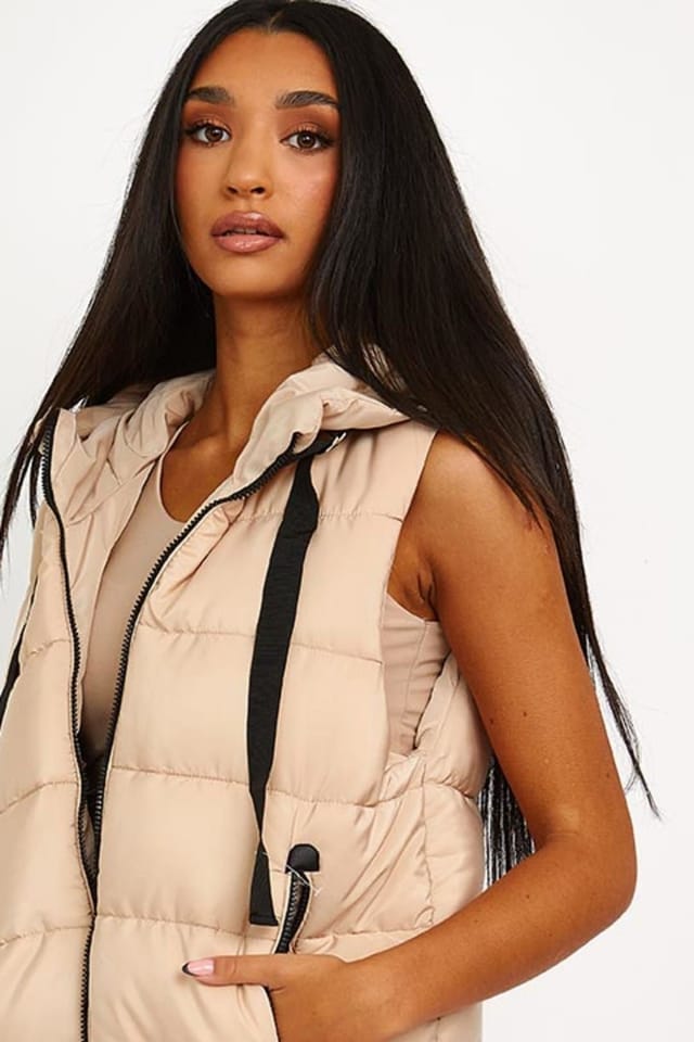 STYLEWISE STYLEWISE Women's D-Ring Tape Detail - Longline Padded - Hooded Gilet in Stone - 2