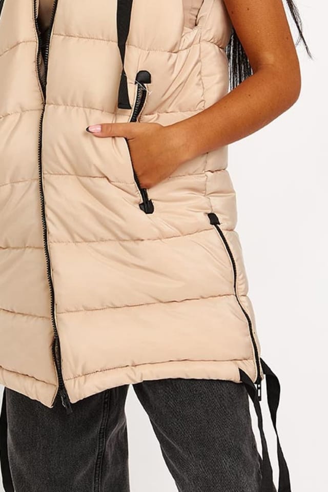 STYLEWISE STYLEWISE Women's D-Ring Tape Detail - Longline Padded - Hooded Gilet in Stone - 3