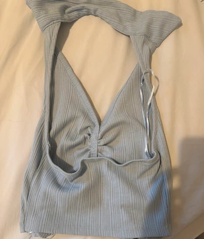 Bershka Bershka Baby Blue Y2K Ribbed Collared Halter Crop Top