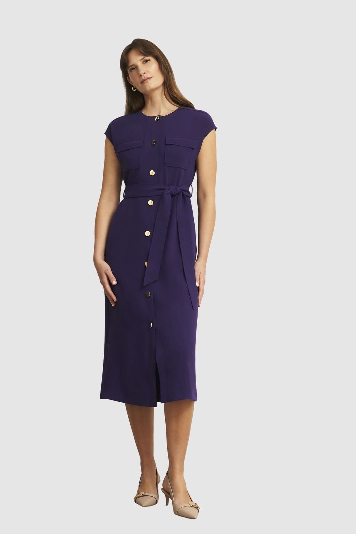 Hobbs London Hobbs London Women's Tania Short Sleeve Tie Waist Midi Dress in Aubergine